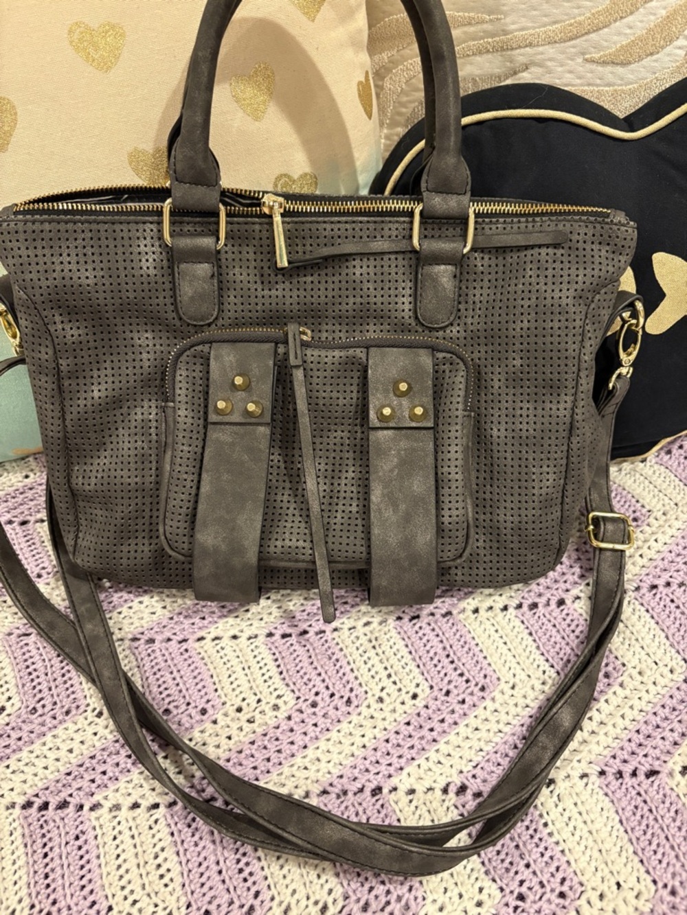 She+Lo Gray Perforated Leather-Style Satchel Handbag - Fashionable Crossbody